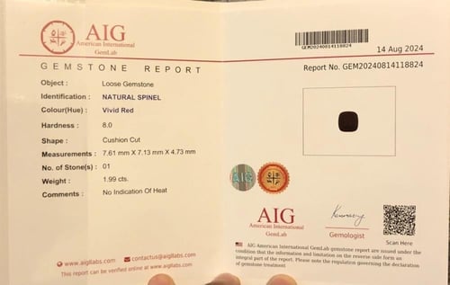 سبنيل أحمر طبيعي (غير معالج) 1.99 قيراط