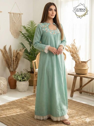 فستان لينن بتول أبيض يدوي