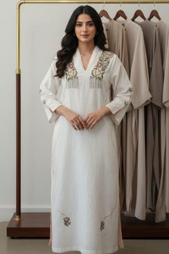 فستان لينن تطريز يدوي على الجيب و الصدر (العيد)