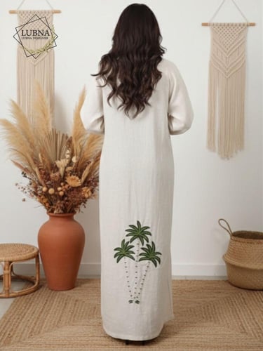 عباية لينن تطريز نخلة اخضر