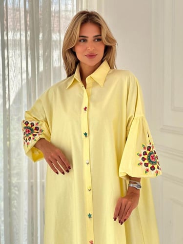 جلابية رمضانية مطرزة يدويا - أصفر