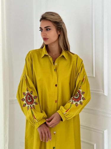 جلابية رمضانية مطرزة يدويا - أصفر ماسترد