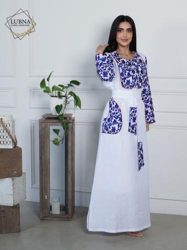 ثوب لينن مع حزام تطريز بجيب