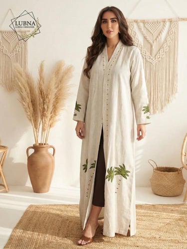 عباية لينن تطريز نخلة اخضر