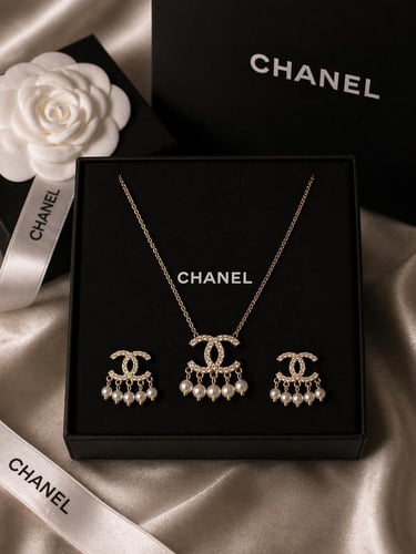 Luxury pearl Chanel set inspired by Chanel (necklace + earrings) including packaging and accessories