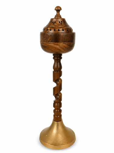 Wooden incense holder in the middle with a golden...