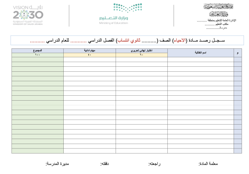 سجل رصد مادة الاحياء للمرحلة الثانوية (انتساب)