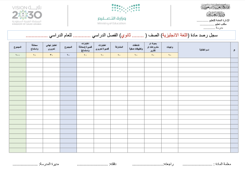 سجل رصد مادة الانجليزي للمرحلة الثانوية