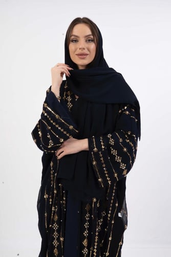 عبايه بشت قماش كحلي مطرز