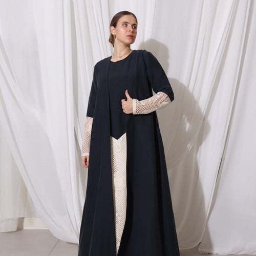 Navy Blue Linen Abaya with Crochet Linen Dress