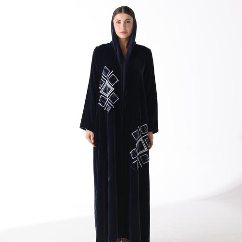 Navy Blue Velvet Abaya with Hand-Stitched Rhombus...