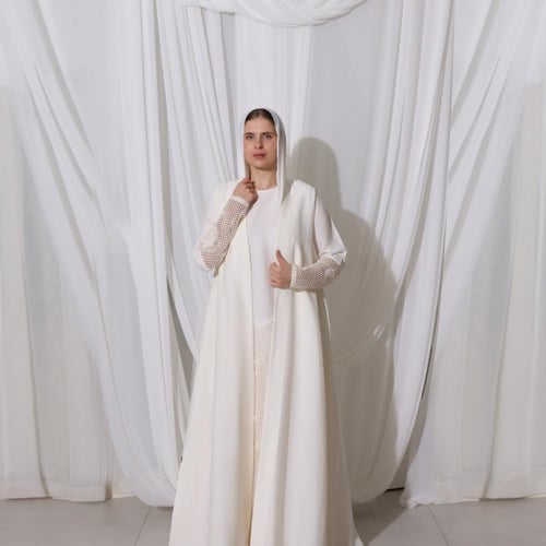 Off-white Linen Abaya with Crochet Linen Dress