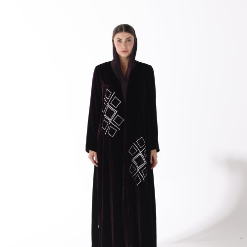 Purple Velvet Abaya with Hand-Stitched Rhombus Emb...