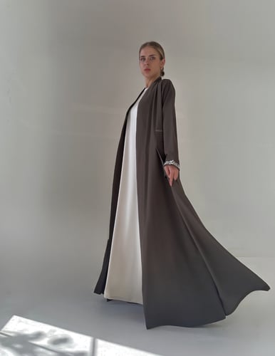 Brown Crepe Abaya with embroidery in off-white thr...