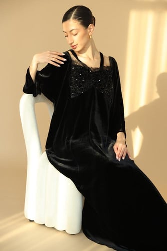 Black Velvet Dress with Sequin Lace Detail