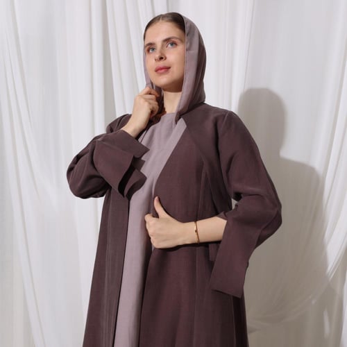 Plum Brown Linen Abaya with Mauve Linen Dress