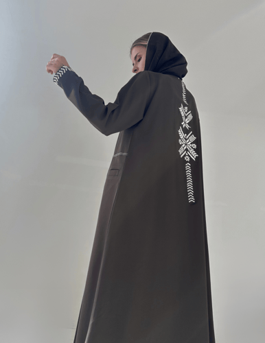 Brown Crepe Abaya with embroidery in off-white thr...