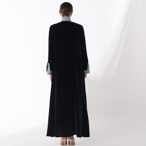 Navy Blue Velvet Abaya with Light Blue Embroidered...