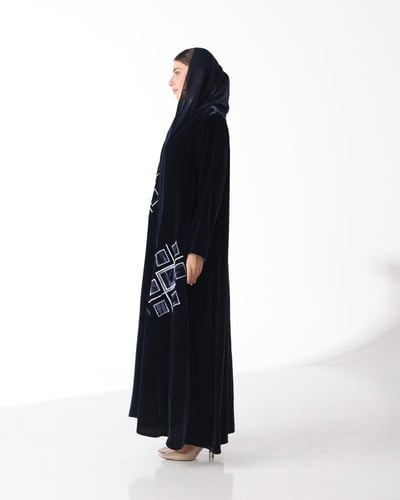 Navy Blue Velvet Abaya with Hand-Stitched Rhombus...