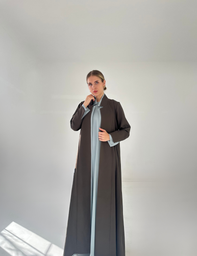 Brown Crepe Abaya with Light Blue Crepe Dress