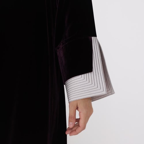 Purple Velvet Abaya with Soft Pink Embroidered Cre...