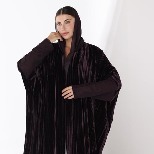 Purple plissé velvet abaya with Chiffon Embroidere...