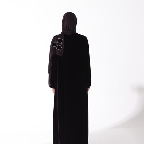 Purple Velvet Abaya with Hand-Stitched Rhombus Emb...