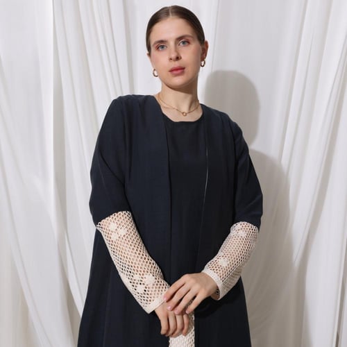 Navy Blue Linen Abaya with Crochet Linen Dress