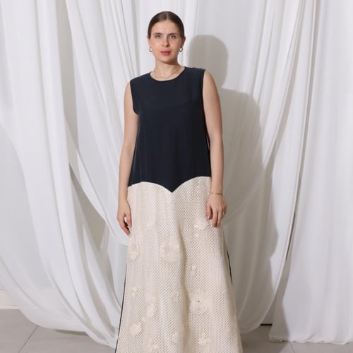 Navy Blue Linen Abaya with Crochet Linen Dress