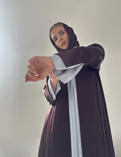 Burgundy Crepe Abaya with Light Blue Crepe Dress
