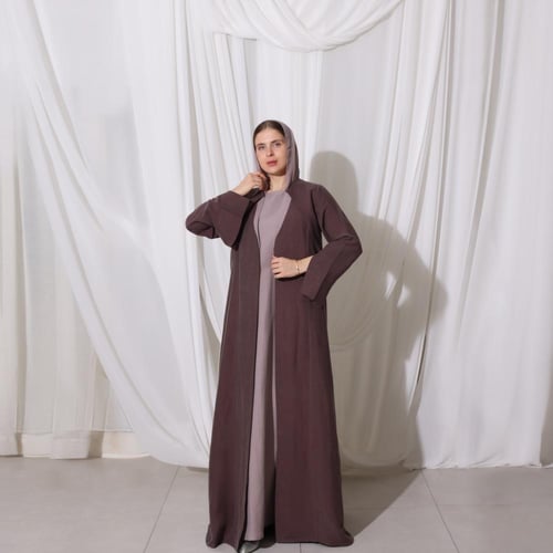 Plum Brown Linen Abaya with Mauve Linen Dress