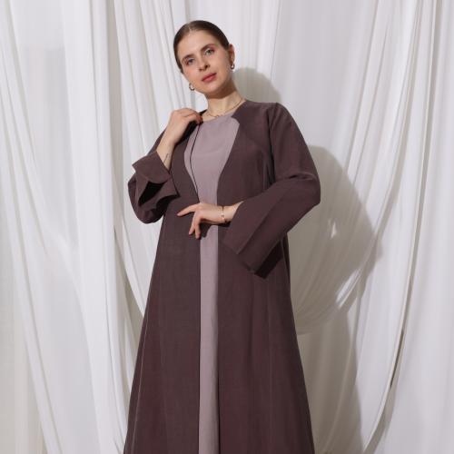 Plum Brown Linen Abaya with Mauve Linen Dress