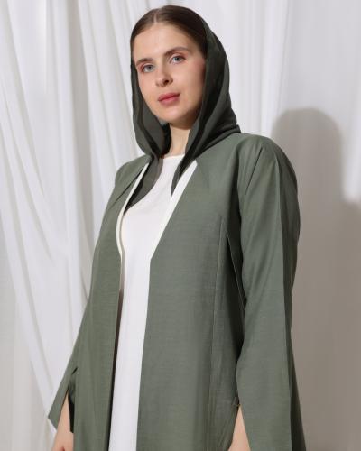Olive green Linen Abaya with Off-white Linen Dress