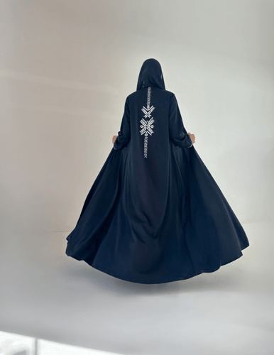 Navy Blue Crepe Abaya with embroidery in off-white...