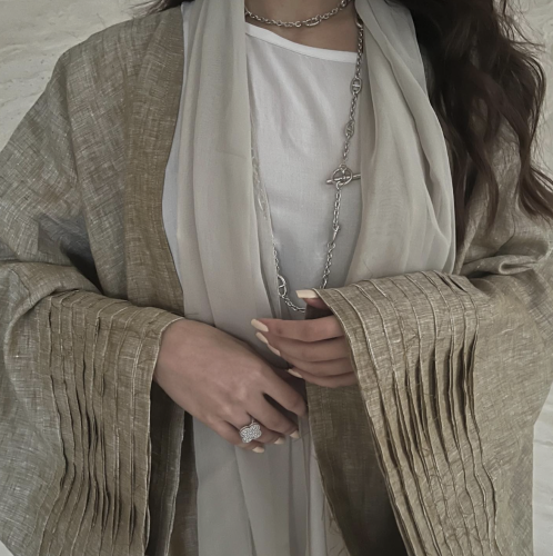 Beige Abaya Striped Sleeves