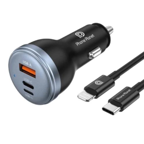 شاحن سياره 80 واط بمنفذ USB-L+1C+1A شحن سريع + كاب...