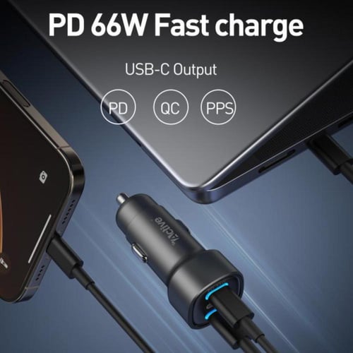 شاحن سيارة GaN سريع PD 66W بمنفذين USB-C يدعم PD/Q...
