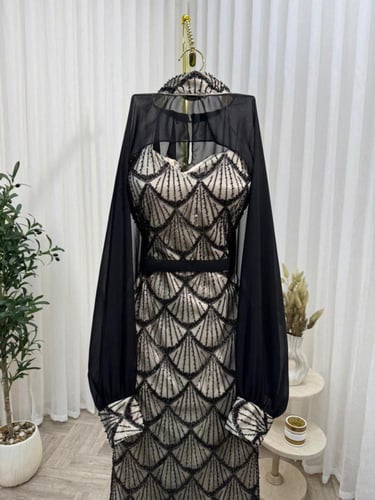 فستان كلفه سهره مبطن بتفته استرتش مع جاكيت شيفون