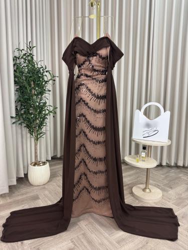 فستان تُل مع شيفون تطريز خرز راقي