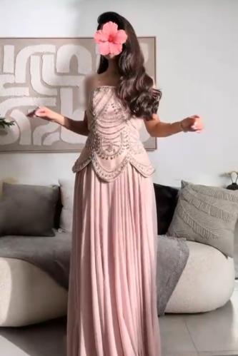 فستان سهره شيفون تطريز يدوي كلوش دبل