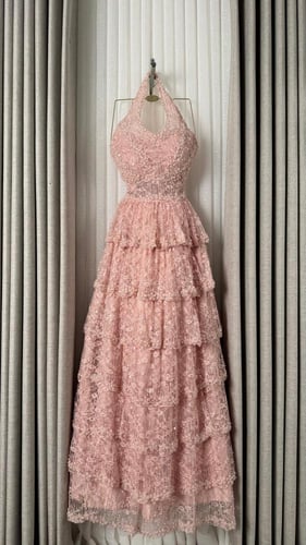 فستان كلفه تطريز مع ورد وخرز دبل كلوش