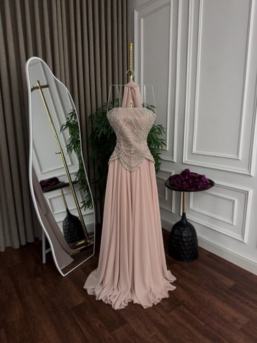 فستان سهره شيفون تطريز يدوي كلوش دبل