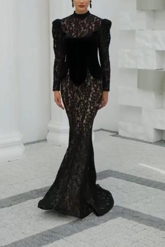 فستان دانتيل مع جوخ مخمل