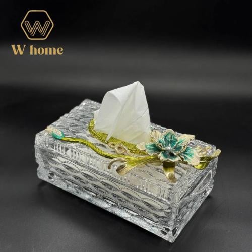 علبة مناديل زجاج بتحفة ورد
