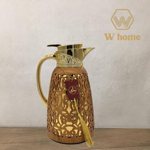 ترمس ذهبي بزخرفة خشبية 1 لتر