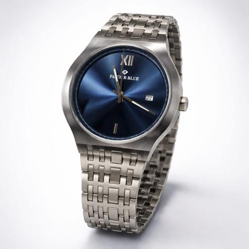 ساعة رجالية بسير ستيل بلون الفضي و الميناء بألازرق