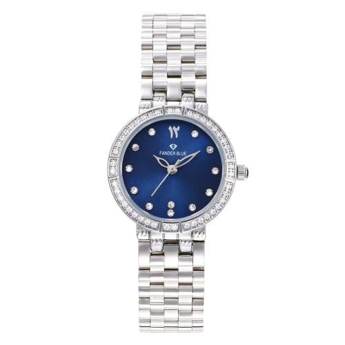 ساعة نسائية بسير ستيل بلون الفضي و الميناء الازرق
