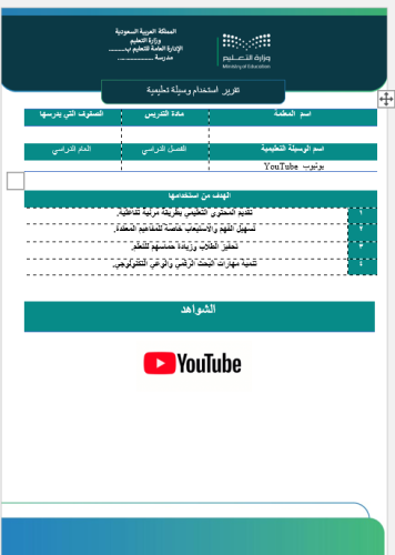 ‏‏تقرير وسيلة تعليمية اليويتوب صفحة واحدة