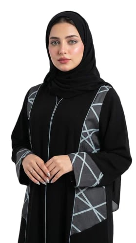 عباية كريب سوداء بتدخيلات جاكار اخضر من الأمام والأكمام - OS313