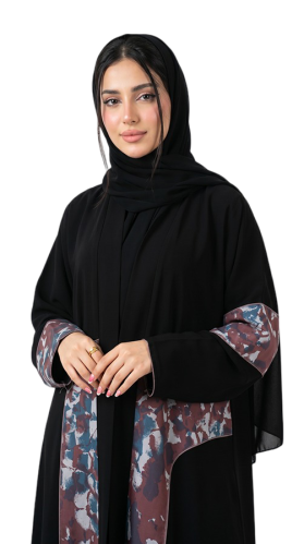 عباية حرير سوداء جاكار مشجر على الواجهة والأكمام - OS312